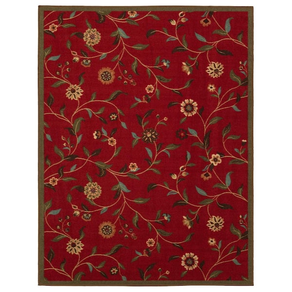 Ottomanson Ottohome Collection Floral Garden Design Dark Red 5 ft. x 6 ft. 6 in. Non-Skid Area Rug