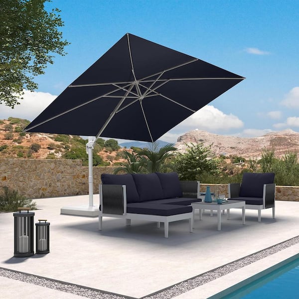 PURPLE LEAF 9 ft. x 11 ft. Outdoor Patio Cantilever Umbrella White Aluminum Offset 360° Rotation Umbrella with Base, Navy Blue