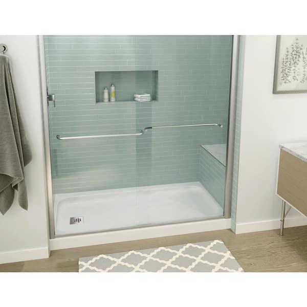ShowerCast Plus 60 in. x 32 in. Single Threshold Shower Pan in White with Square Chrome Shower Drain Cover Right Drain ShowerCast Plus 60 in. x 32 in. Single Threshold Shower Pan in White with Square Chrome Shower Drain Cover Right Drain