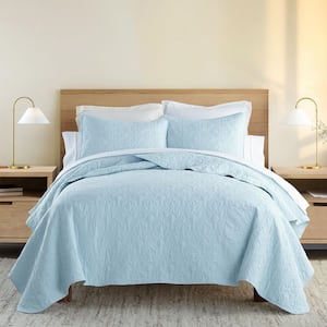 Damask Pale Blue Microfiber Queen Performance Quilted Coverlet Set