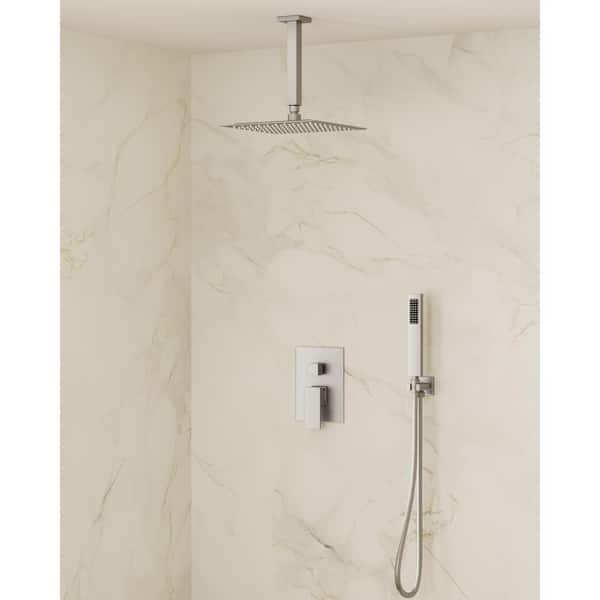 YAWWALK 2-Spray 10 in. Square Ceiling Mount Dual and Handheld Shower Head 2.5 GPM in Brushed Nickel (Valve Included)