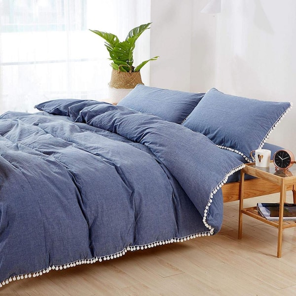 DVPompom Blue Pompom King Size Cotton Duvet Cover Set