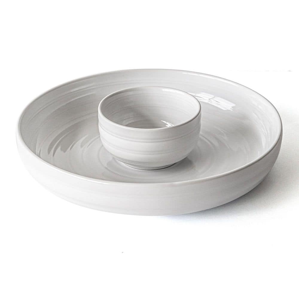 Over and Back 12.99 in. White Stoneware Serving Bowl Round Chip and Dip 927005 - The Home Depot