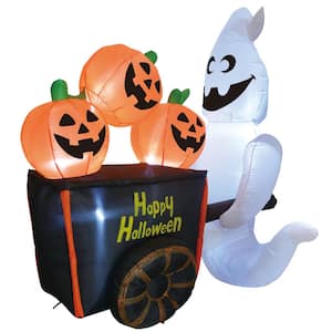 6 ft. Tall Black, White and Orange Plastic Halloween Ghost Pushing Pumpkin Cart Inflatable
