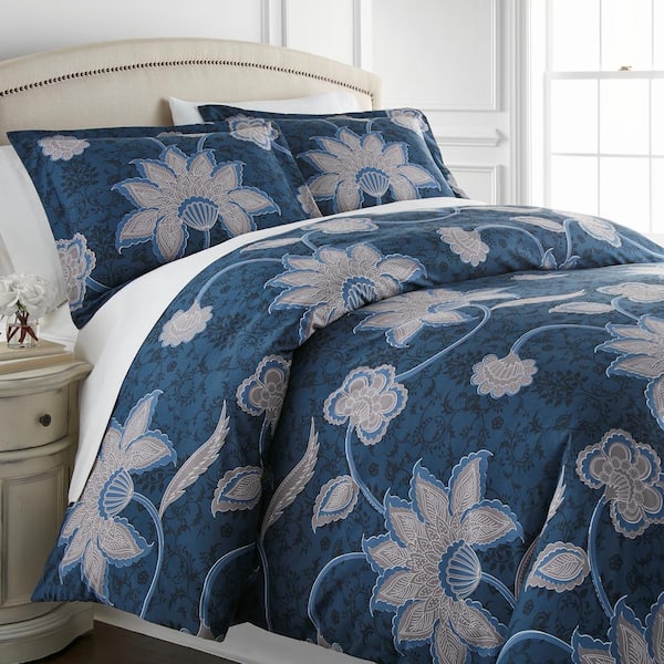 SOUTHSHORE FINE LINENS Grand Floral 3-Piece Blue Full/Queen Microfiber Duvet Cover Set