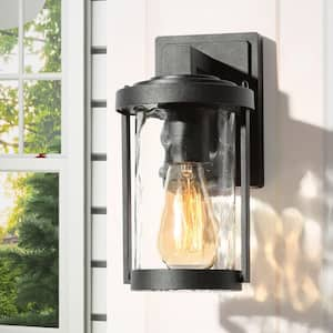 Modern Cylinder Outdoor Porch Wall Lantern Sconce 1-Light Matte Black Farmhouse Patio Wall Light with Water Glass Shade