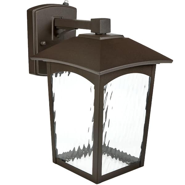 Maxxima LED Porch Lantern Outdoor Wall Light, Bronze with Water Glass, Dusk to Dawn Sensor, 800 Lumens, 3000K Warm White