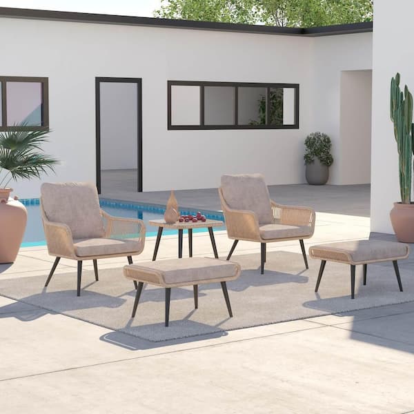 JARDINA Hallerbos 5-Piece Wicker Patio Conversation Set with Beige Cushions and Ottomans
