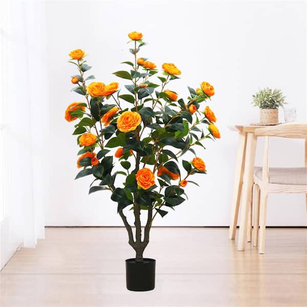 Garvee 1 Pack 3. 3FT Artificial Camellia Tree in Pot, Orange