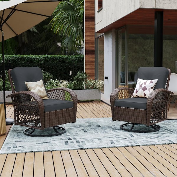 UPHA Brown Wicker Patio Outdoor Rocking Chair with Gray Cushion (Set of 2)
