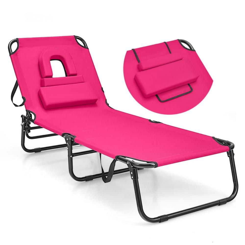 Clihome Metal Foldable Tanning Lounge Beach Chair in Pink