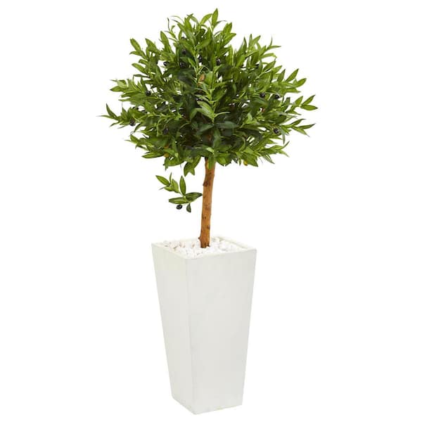 Nearly Natural Indoor/Outdoor 4 ft. White Planter Artificial Olive Topiary Tree