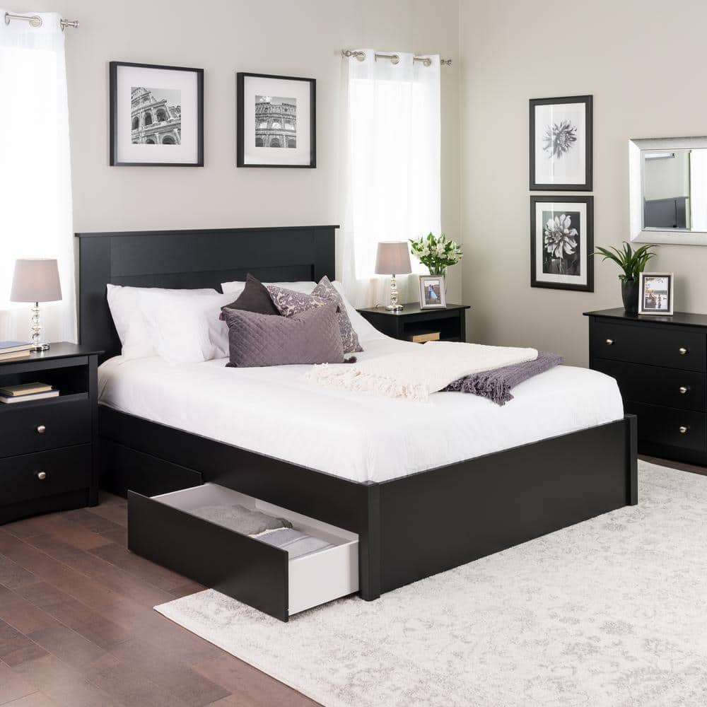 Black Queen Wood Frame Platform Bed with Storage Drawers
