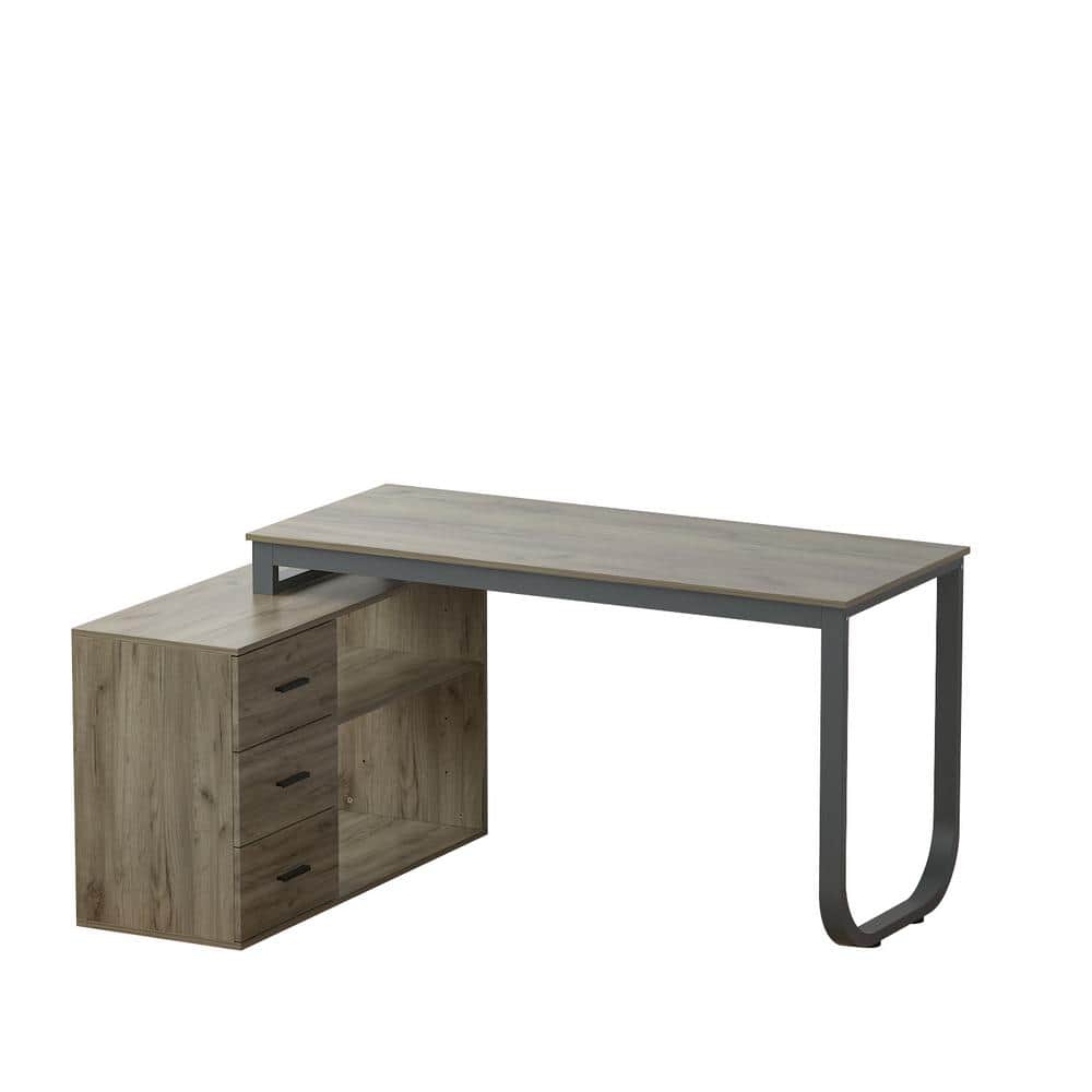 55.1 in. L-Shaped Gray Wood Writing Desk Corner Gaming Desk With Open 2-Tier Storage Shelves and 3-Drawers Home Office