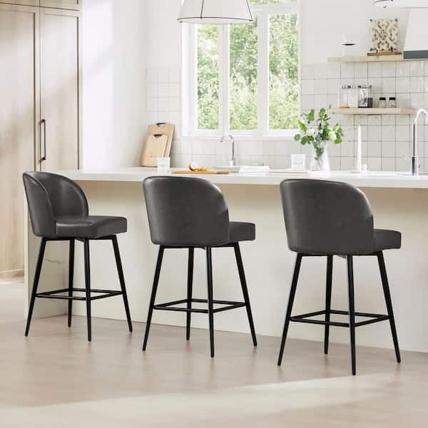 Spruce & Spring 26 in. Cynthia Gray High Back Metal Swivel Counter Stool with Faux Leather Seat (Set of 3)