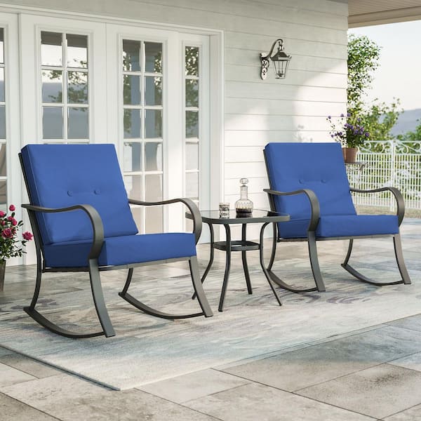 3-Piece Metal Patio Bistro Set, Porch Furniture Patio Lounge Chairs (Set of 2) with Side Table and Blue Cushions