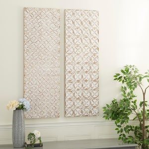 Wood White Intricately Carved Geometric Wall Decor (Set of 2)