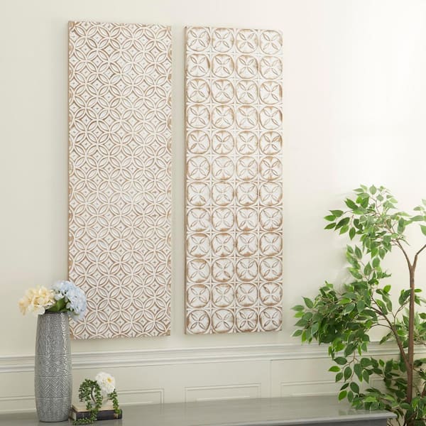 Litton Lane Wood White Intricately Carved Geometric Wall Decor (Set of 2)