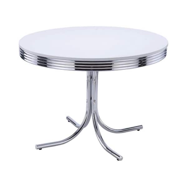 Benjara 42 in. White and Chrome Wood Top Pedestal Dining Table (Seat of 3)