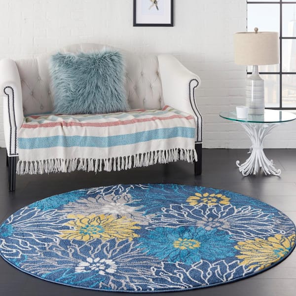 Passion Blue 4 ft. x 4 ft. Floral Contemporary Round Rug