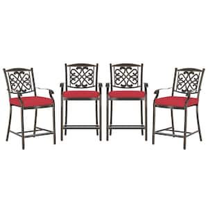 Set of 4-Cast Aluminum Flower-Shaped Backrest Outdoor Bar Stool Chairs Dining Chairs with Red Cushions