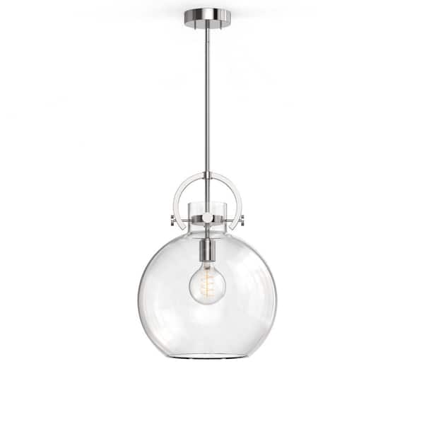 14 in. 1-Light Modern Brushed Nickel Globe Pendant Light with Clear Glass Shade for Kitchen, Dining, or Foyer Spaces
