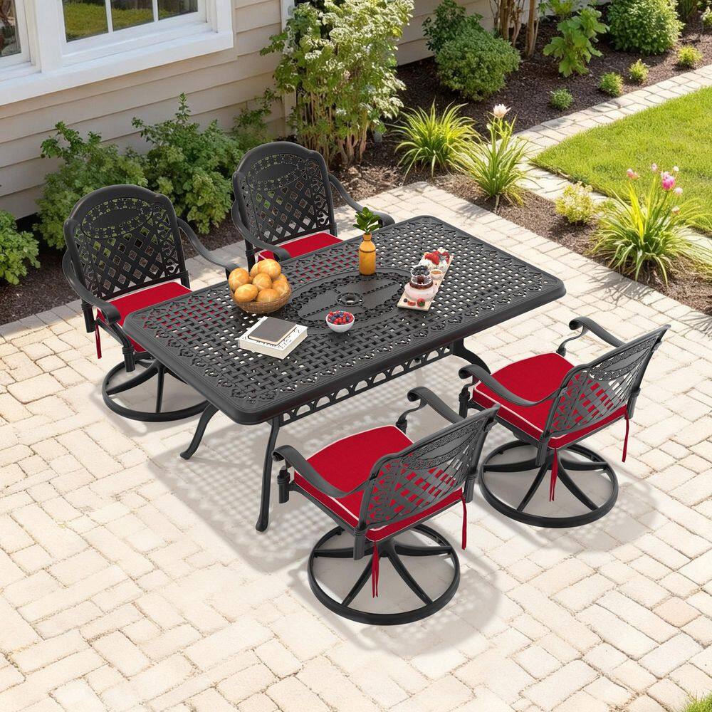 Black 5-Piece Cast Aluminum Outdoor Dining Set with 4 Swivel Rockers with Red Cushion and Rectangular Table price history on PriceWatchPro