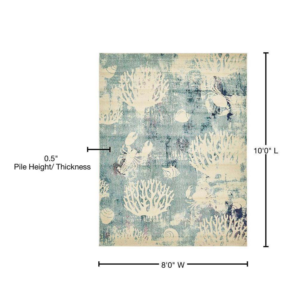 Light Blue Coastal Coral Pattern Synthetic Area Rug, 8' x 10'