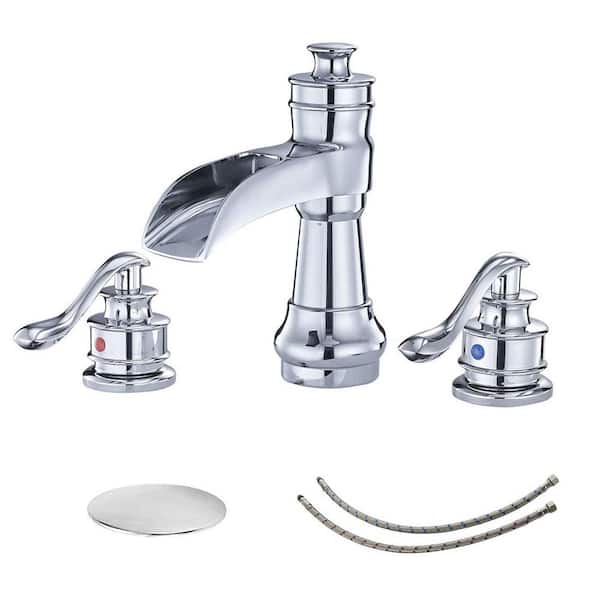 PERLIRIA INC Polished Chrome Bathroom Faucet 3-Hole, 8 In. Widespread Double Handle Bathroom Faucet with Pop-up Drain Assembly