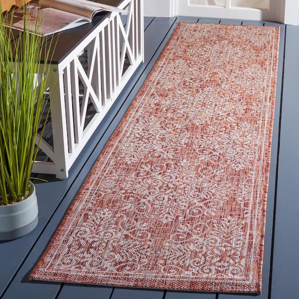 Courtyard Red/Ivory 2 ft. x 9 ft. Distressed Border Floral Indoor/Outdoor Runner Rug