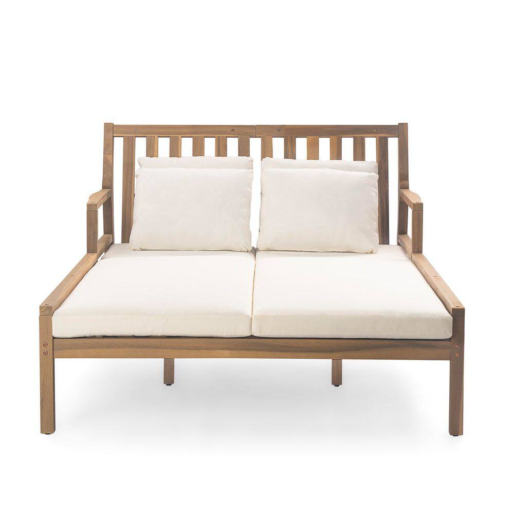 Light Teak Wood Outdoor Day Bed with Beige Cushions and 4-Pillows