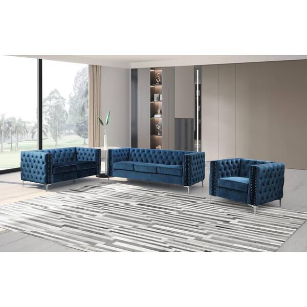 Best Master Furniture Fleming 84 in. L Navy Velvet 3 Seater Sofa