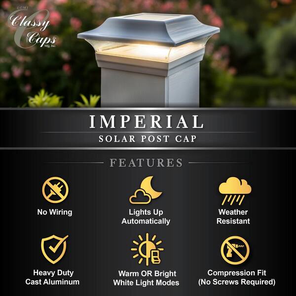 CLASSY CAPS Imperial 5 in. x 5 in. Outdoor White Cast Aluminum LED Solar Post Cap (2-Pack)