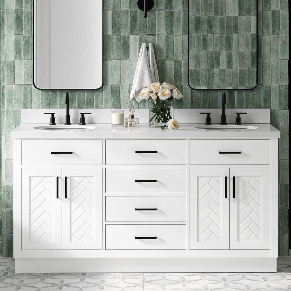 Herringbone 66 in. Double Sink Freestanding Bath Vanity in White with and Pure Quartz Top price history on PriceWatchPro