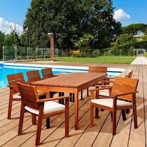 Lombardo 9-Piece Eucalyptus Rectangular Patio Dining Set with Off-White and Beige Cushions
