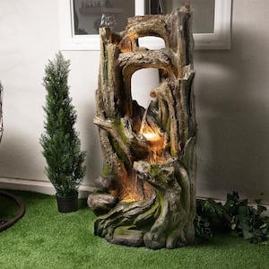 59 in. Tall Indoor/Outdoor 5-Tier Waterfall Tree Stump Fountain with LED Lights