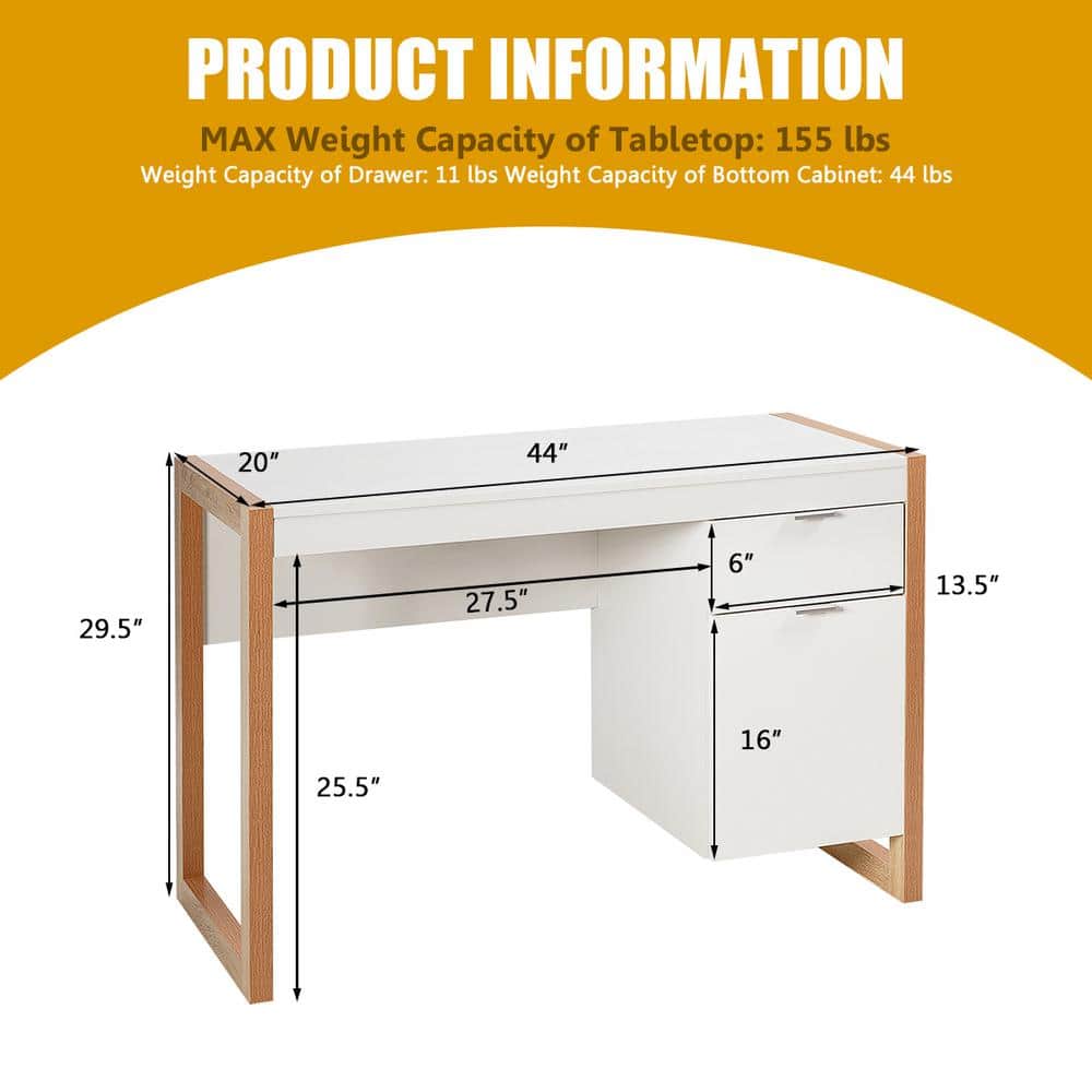 Modern White Natural Wood Computer Desk with Drawer and Cabinet