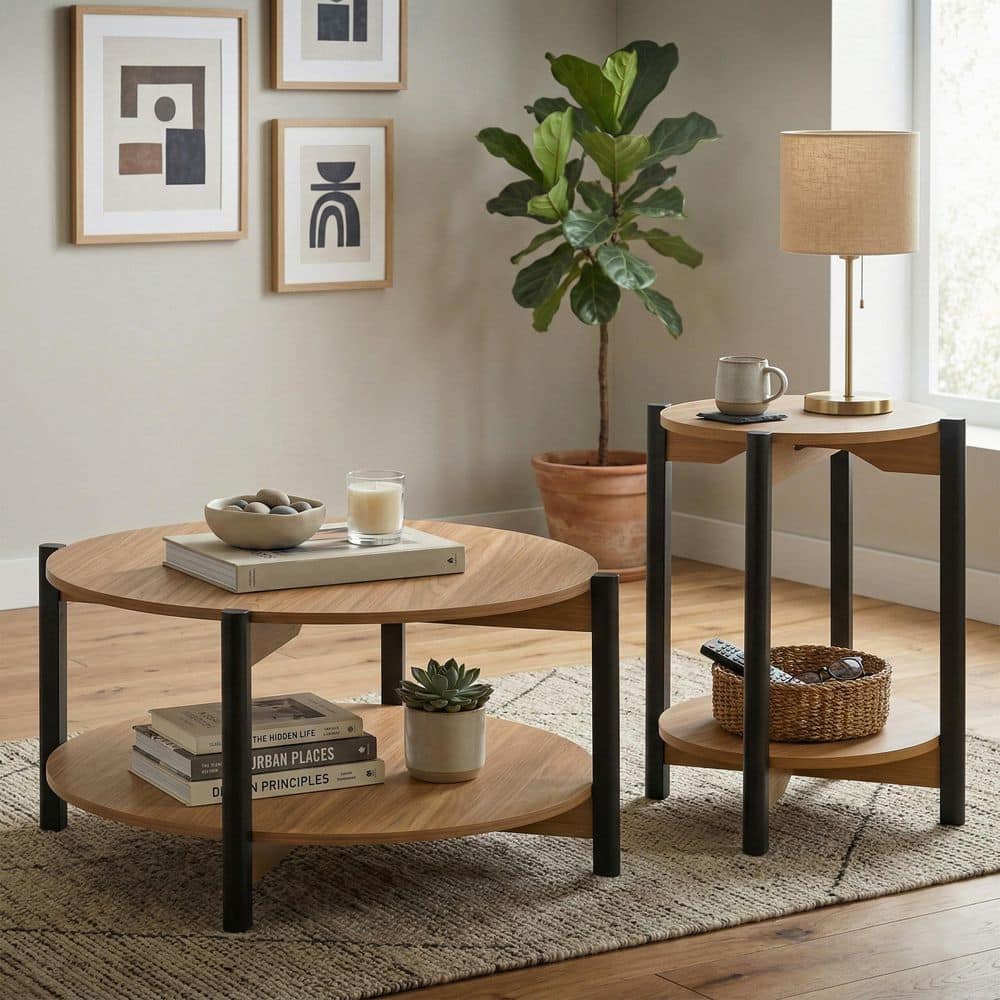 Furniture of America Elix 2-Piece 34.4 in. Walnut Round Wood Coffee ...