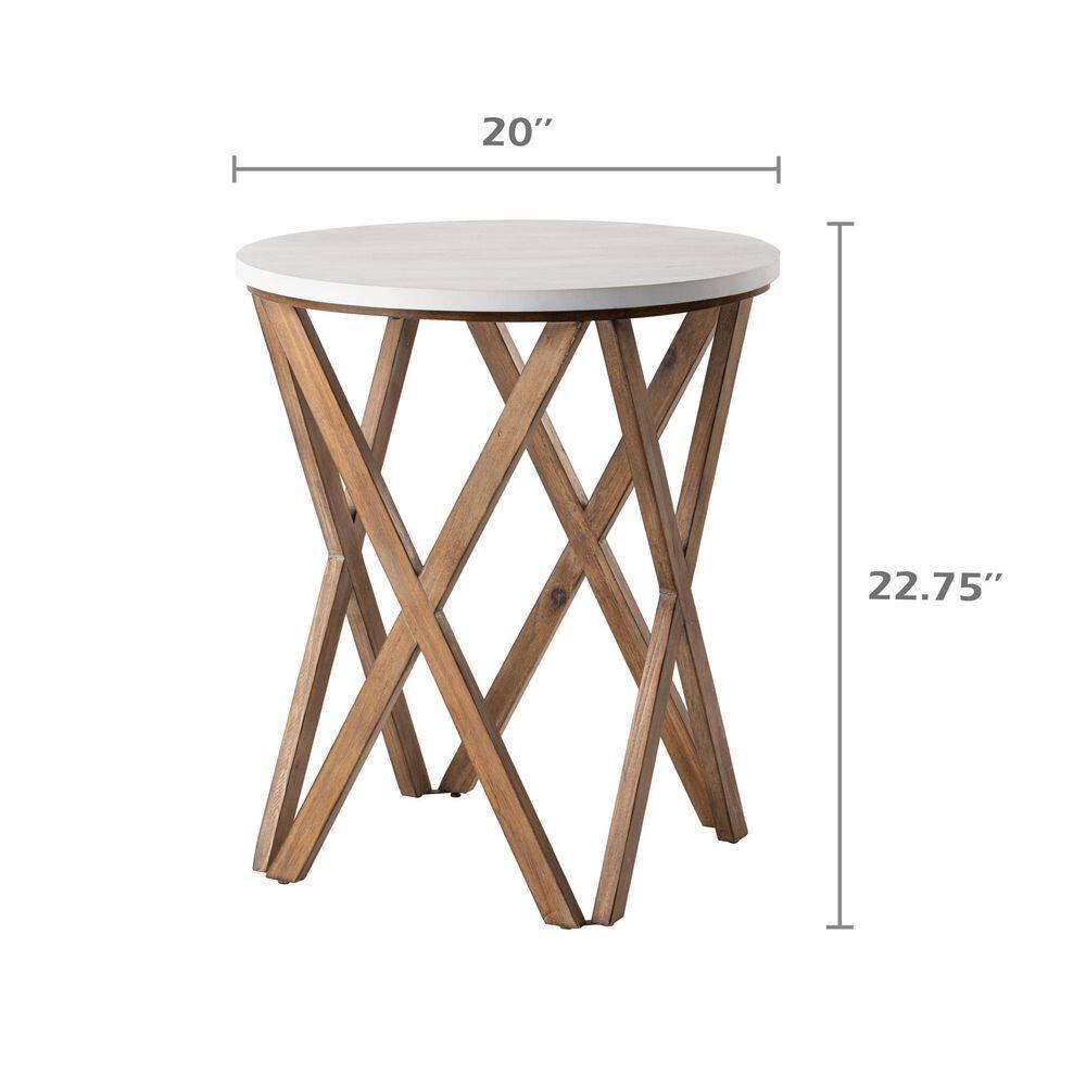 Round Distressed White and Natural Wood Pedestal End Table