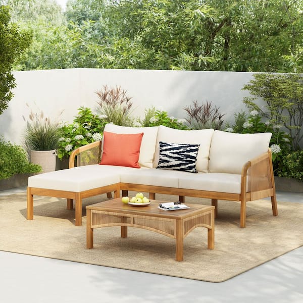 CHRISTOPHER KNIGHT HOME Magnolia 3-Piece Outdoor Patio Conversation Set with Beige Cushions, PE Rattan, Acacia Wood, Teak