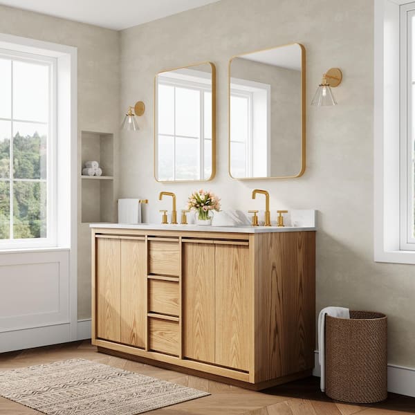 60 in. Double Sink Solid Wood Oak Bath Vanity with White Quartz Top Assembled