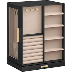 6.3"D x 8.7"W x 11.2"H, Graphite Black MDF Rotating Jewelry Storage Box Organizer with 5 Drawers and Glass Window