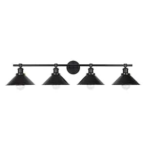 Modern Industrial 41.14 in. 4-Light Matte Black Dimmable Vanity Light with Wide Cone Shade.