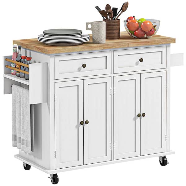 HOMCOM Distressed White Rubberwood Top 43.75 in Kitchen Island with Wheels, Storage and Spice Rack