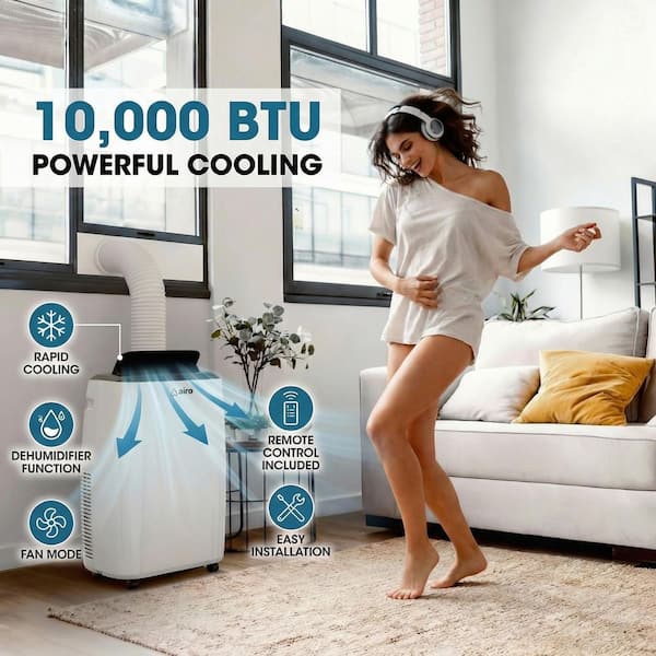 10,000 BTU (6,000 BTU DOE) Portable Air Conditioner Cools 450 sq. ft. with Dehumidifier and LCD Remote in White