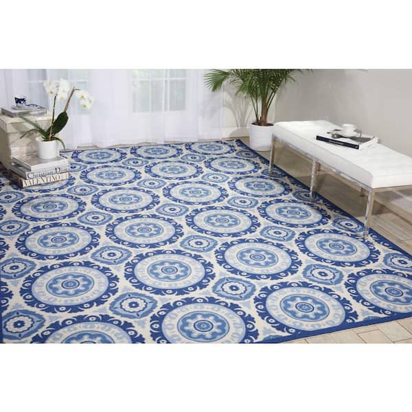 Solar Flair Navy Blue 10 ft. x 13 ft. Geometric Modern Indoor/Outdoor Patio Area Rug