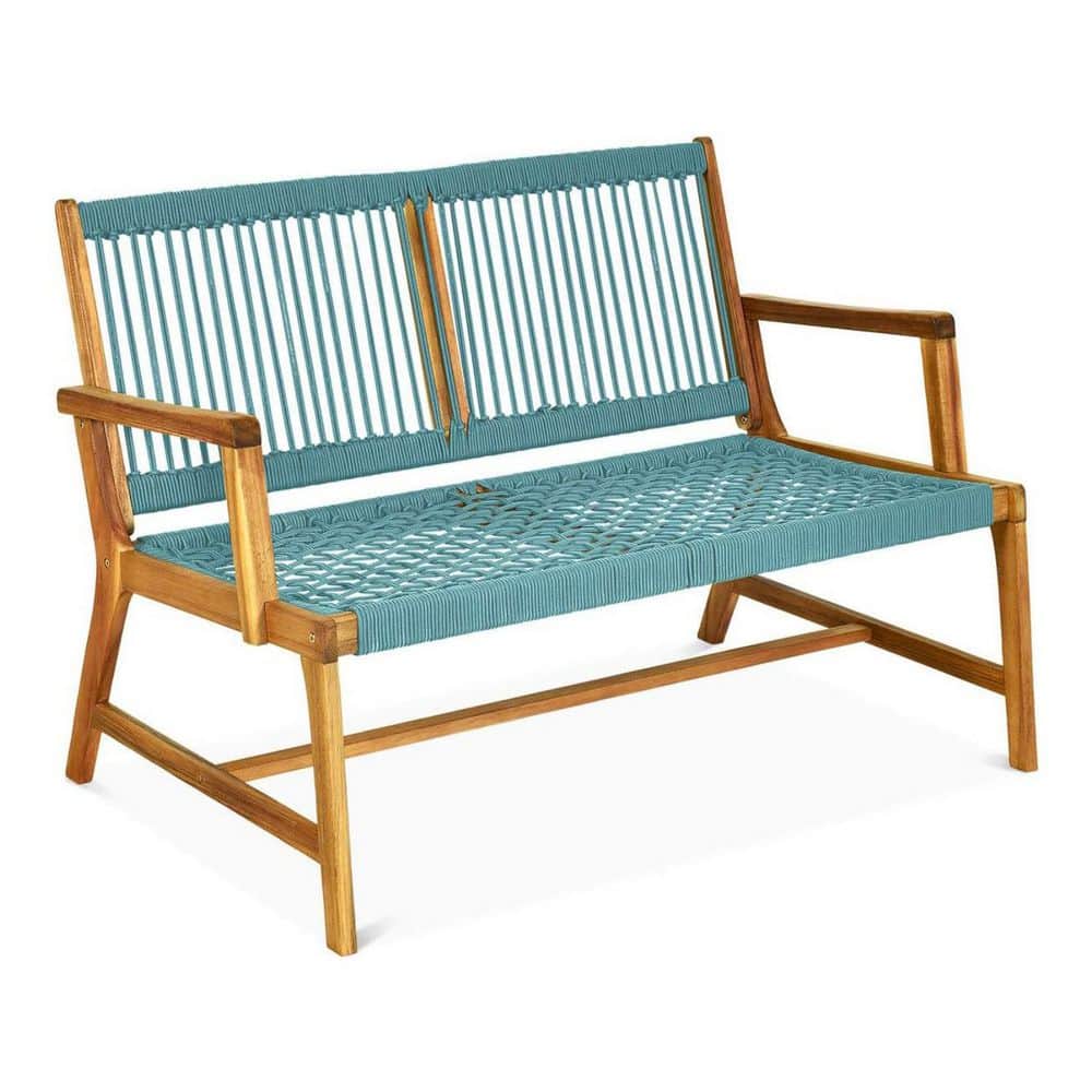 Turquoise Bench 46 in. Outdoor Acacia Wood Garden Bench with Turquoise Rope Woven ...