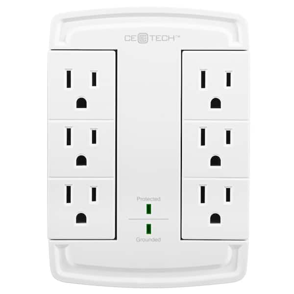 CE TECH 6-Outlet Wall Mounted Swivel Surge Protector, White