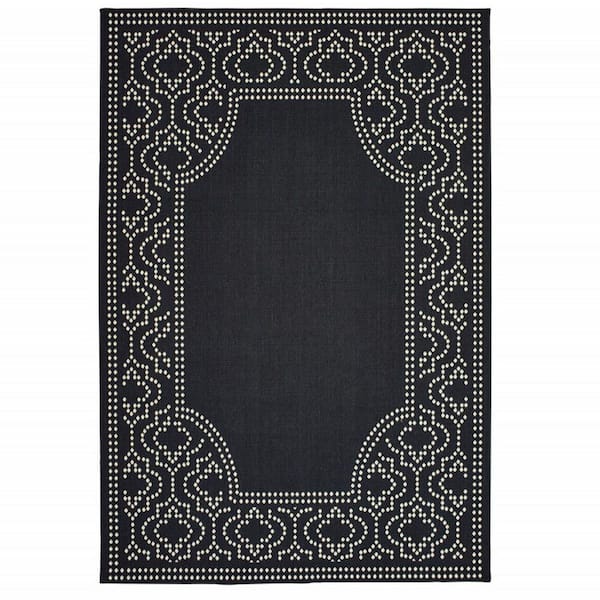 Black, Ivory 8 ft. x 11 ft. Loomed Border Polypropylene Rectangle Indoor/Outdoor Area Rug