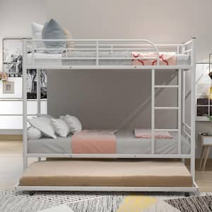 Twin-Over-Twin Metal Bunk Bed with Trundle, Twin Trundle Bed Frame for Kids, Can be Divided into Two Beds, White